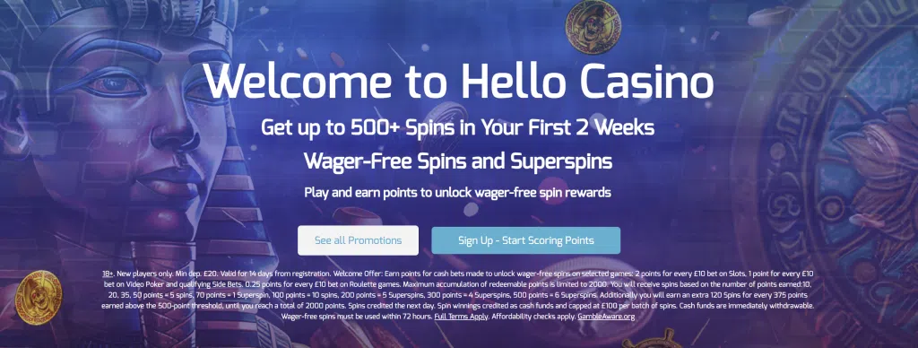 Hello Casino 500+ wager-free spins for UK players Hello Casino no wagering free spins for UK players